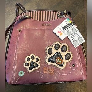 NWT- CHALA DOG PRINT CONVERTIBLE BACKPACK PURSE ROOMY AND VERSATILE BURGUNDY